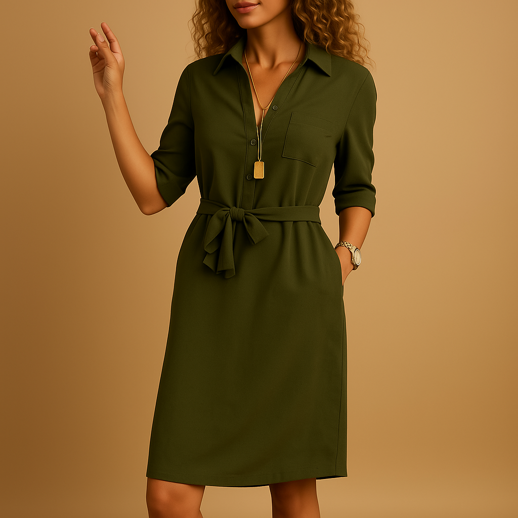 Women's Shirt Midi Dress - Notched Collar and Tie Waist