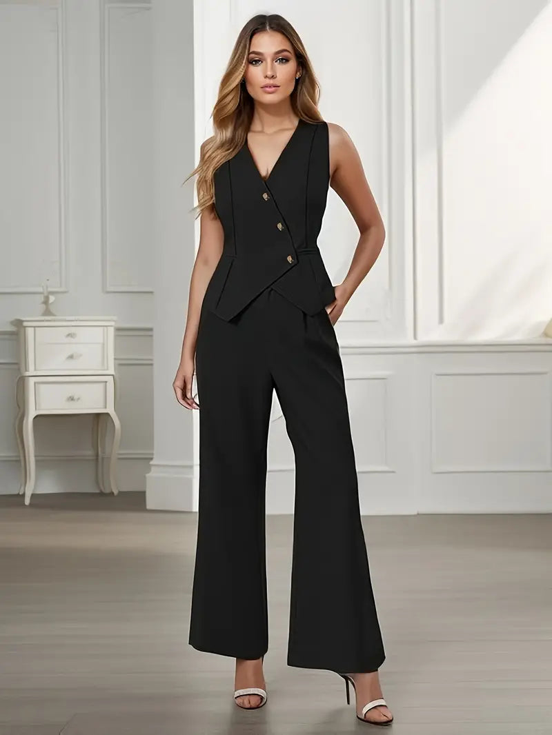 Women's Sleeveless Trouser Suit Set - Asymmetrical Button-Front Vest and Wide-Leg Trousers