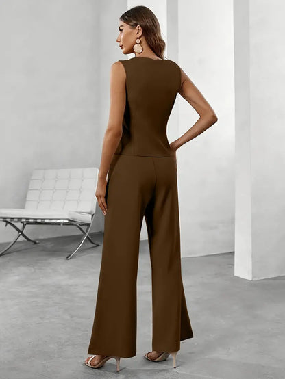 Women's Sleeveless Trouser Suit Set - Asymmetrical Button-Front Vest and Wide-Leg Trousers