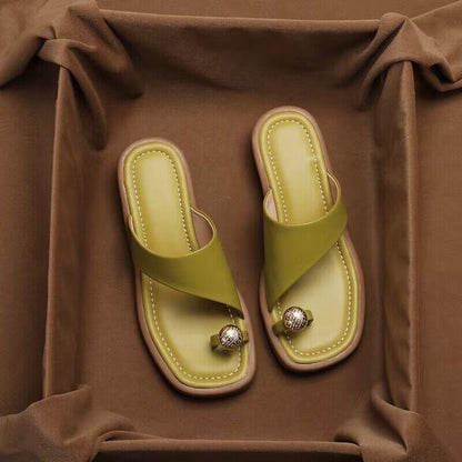 Women's Toe-Ring Block Heel Slide Sandals - Minimalist Leather