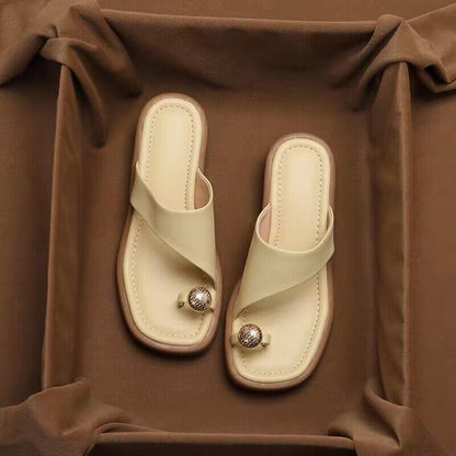 Women's Toe-Ring Block Heel Slide Sandals - Minimalist Leather