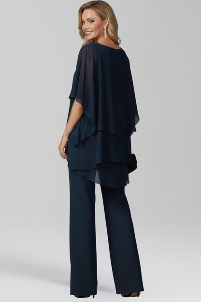 Women's Two-Piece Trouser Set - Layered Asymmetrical Top and Straight Leg Detail
