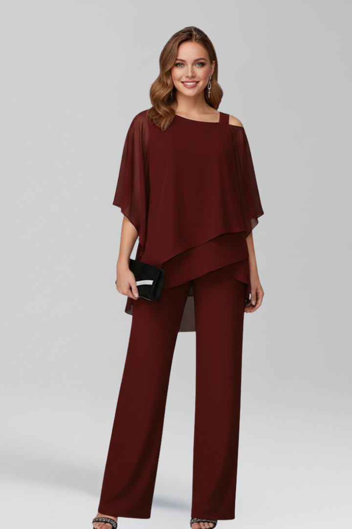 Women's Two-Piece Trouser Set - Layered Asymmetrical Top and Straight Leg Detail