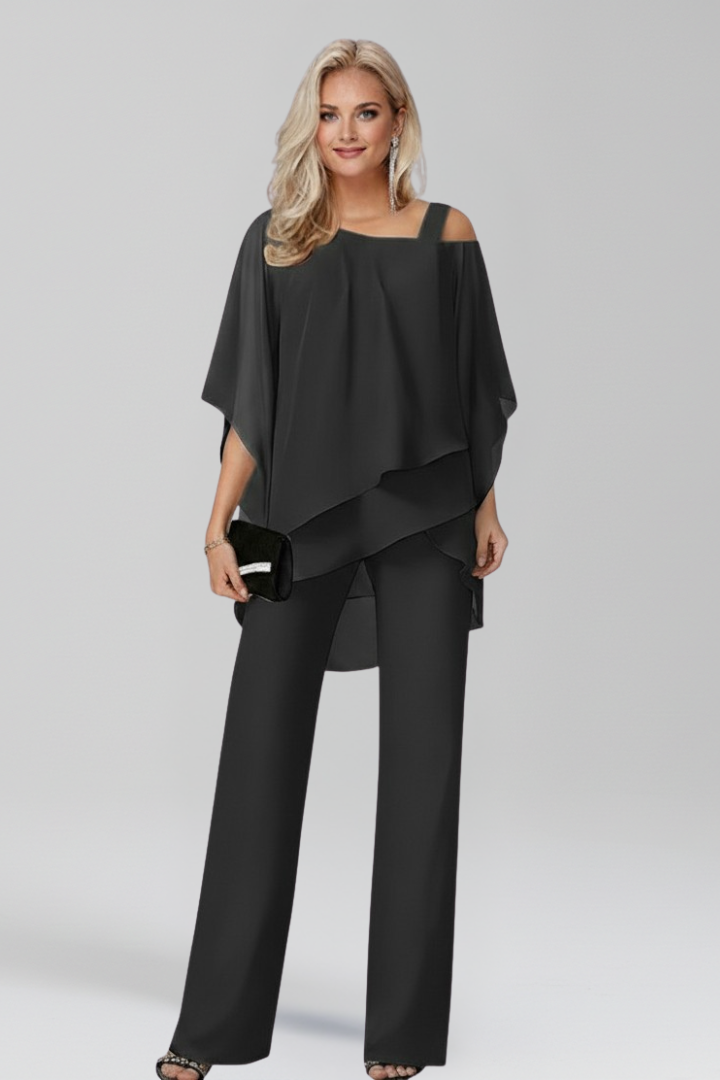 Women's Two-Piece Trouser Set - Layered Asymmetrical Top and Straight Leg Detail