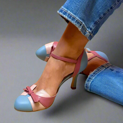 Women's Two-Tone Bow Mary Jane Heels - Slim Stiletto and Ankle Strap