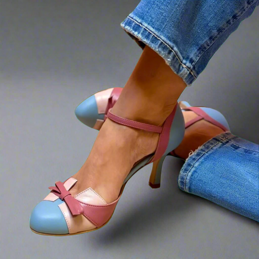 Women's Two-Tone Bow Mary Jane Heels - Slim Stiletto and Ankle Strap