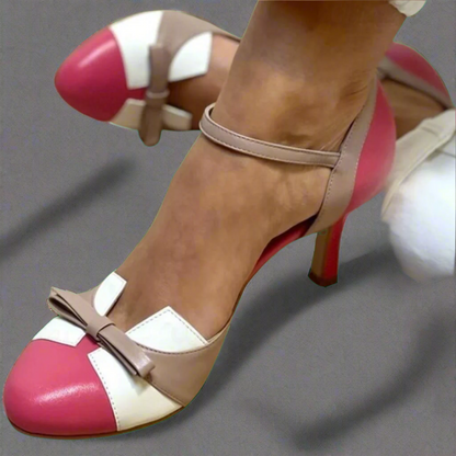 Women's Two-Tone Bow Mary Jane Heels - Slim Stiletto and Ankle Strap
