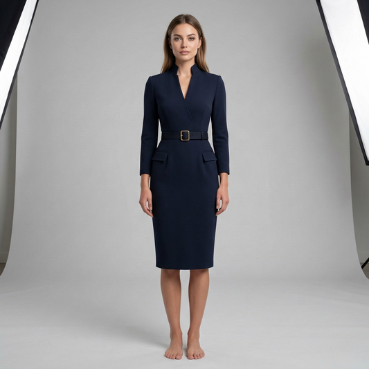 Women's V-Neck Belted Midi Dress - 3/4 Sleeve Tailored Bodycon