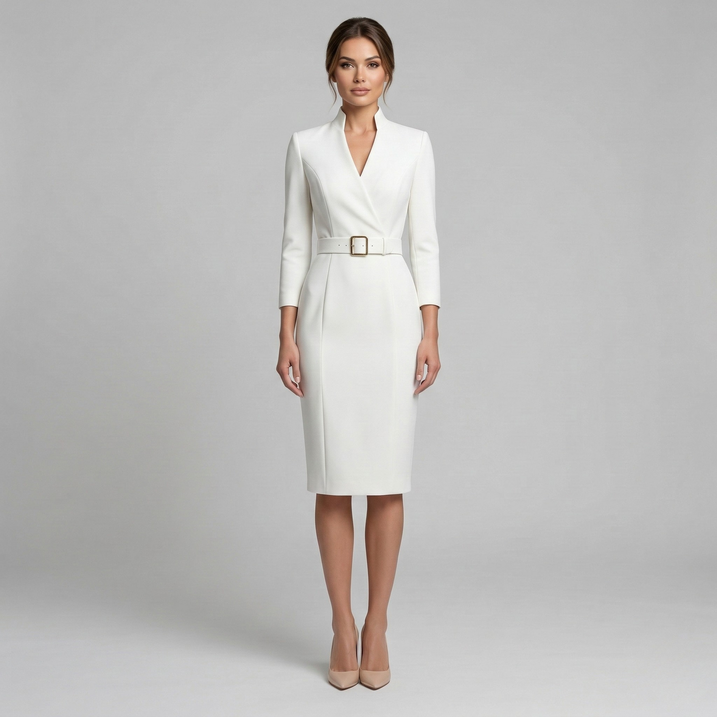 Women's V-Neck Belted Midi Dress - 3/4 Sleeve Tailored Bodycon