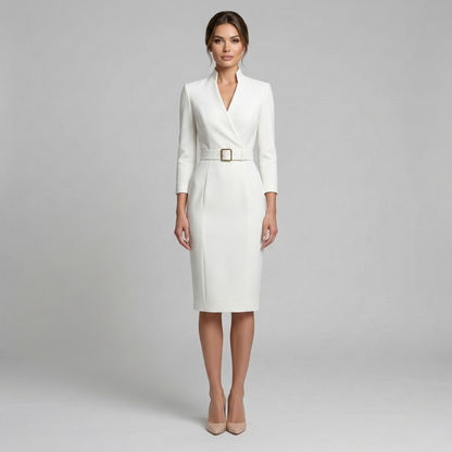 Women's V-Neck Belted Midi Dress - 3/4 Sleeve Tailored Bodycon