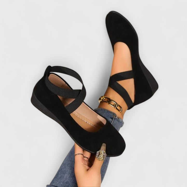 Women's Wedge Shoes - Cross Strap and Flat Sole Detail
