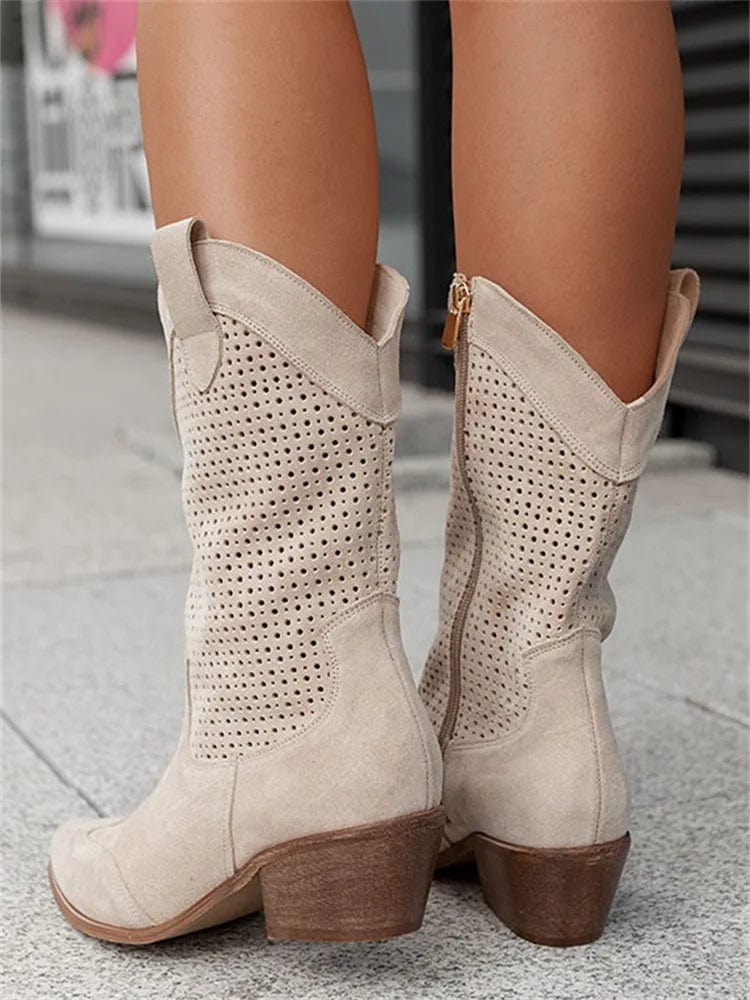 Women's Western Boots - Perforated Panel Design and Block Heel Detail