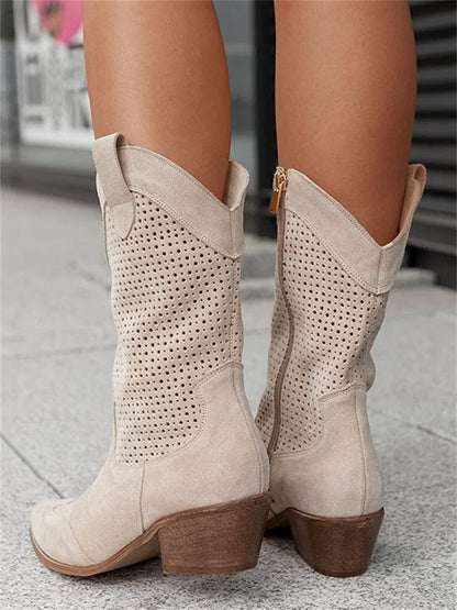 Women's Western Boots - Perforated Panel Design and Block Heel Detail