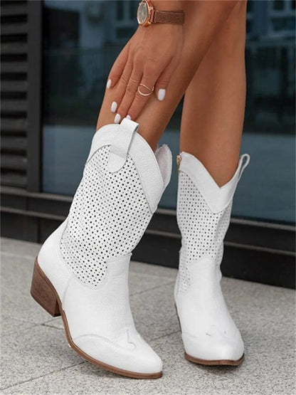 Women's Western Boots - Perforated Panel Design and Block Heel Detail