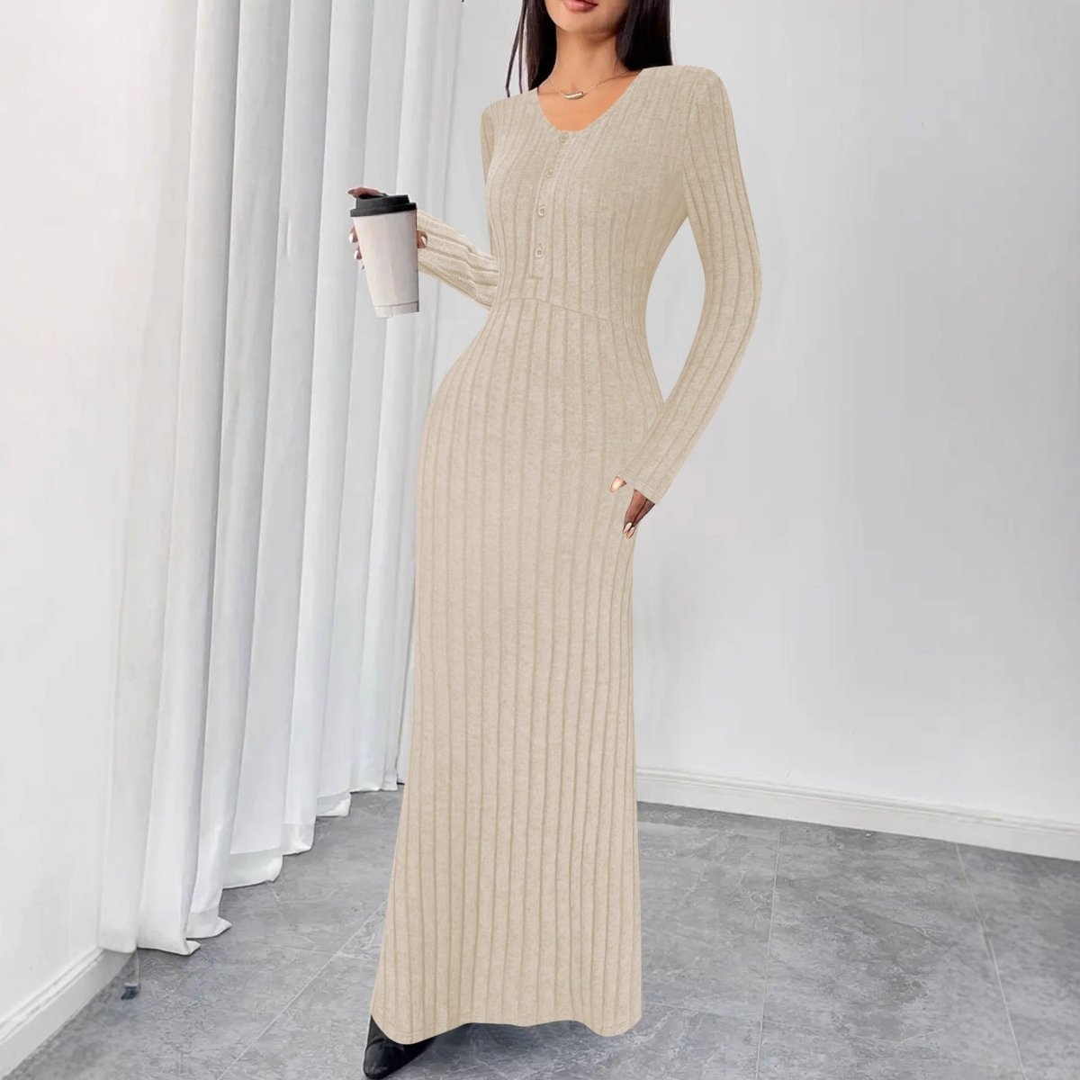 Ribbed Knit Maxi Dress with Long Sleeves and V-Neck