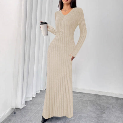 Ribbed Knit Maxi Dress with Long Sleeves and V-Neck