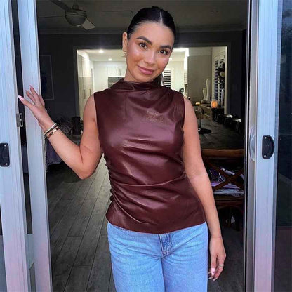 Sleeveless Faux Leather Top with Ruched Asymmetric Design