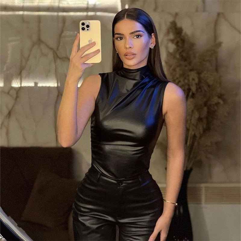 Sleeveless Faux Leather Top with Ruched Asymmetric Design