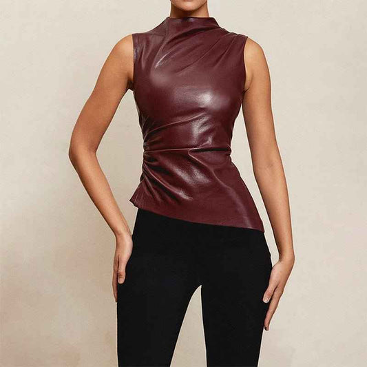 Sleeveless Faux Leather Top with Ruched Asymmetric Design