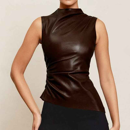 Sleeveless Faux Leather Top with Ruched Asymmetric Design