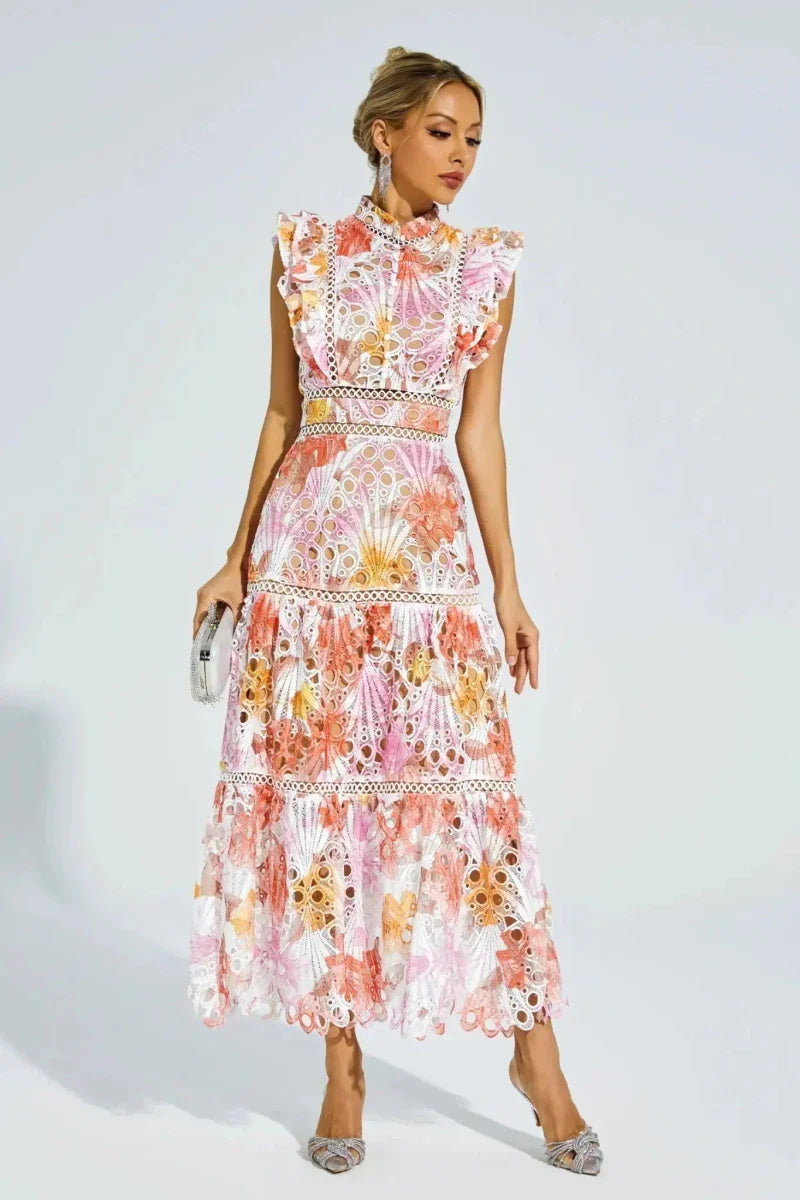 Lace Midi Dress with Gradient and Stand-Up Collar