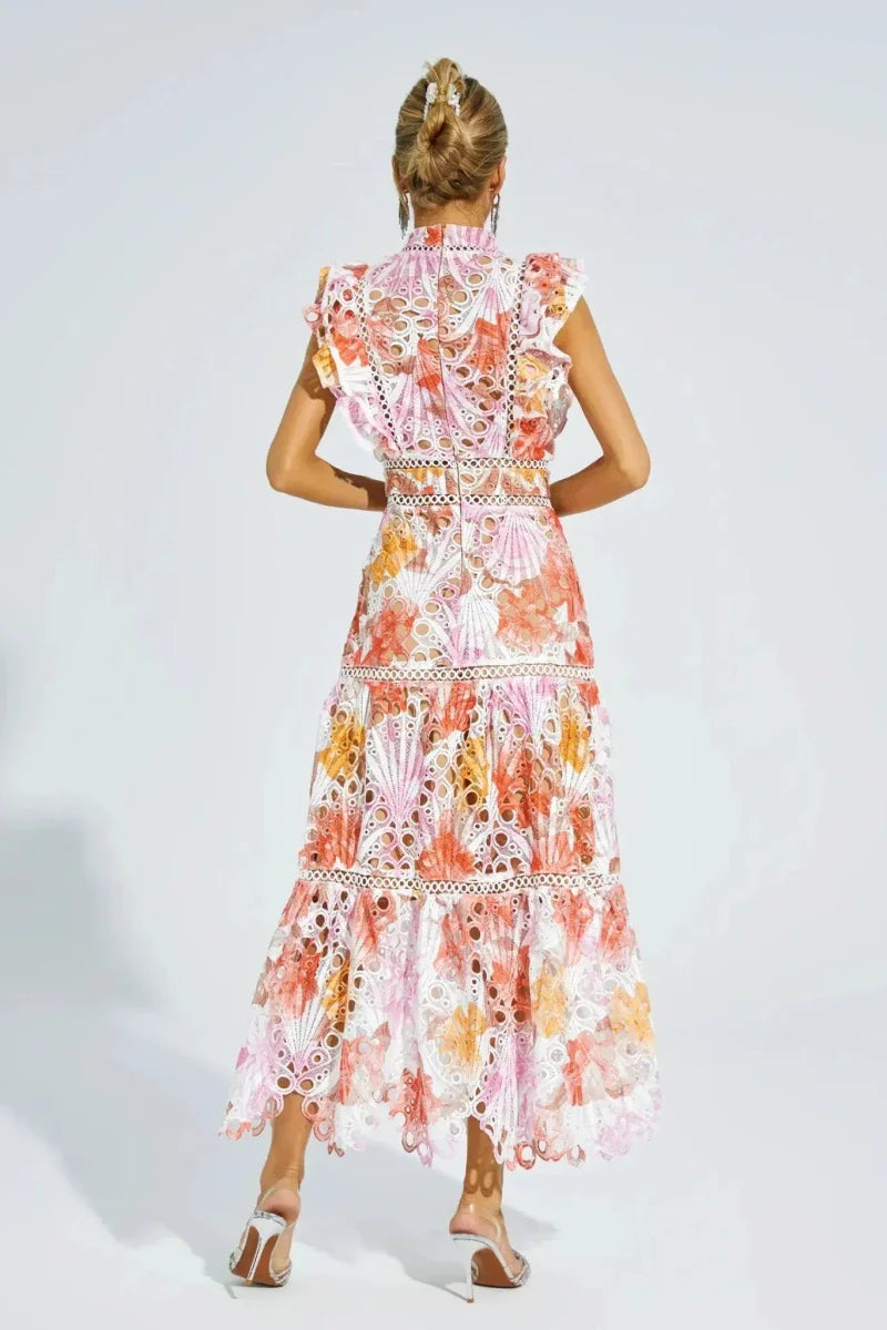 Lace Midi Dress with Gradient and Stand-Up Collar