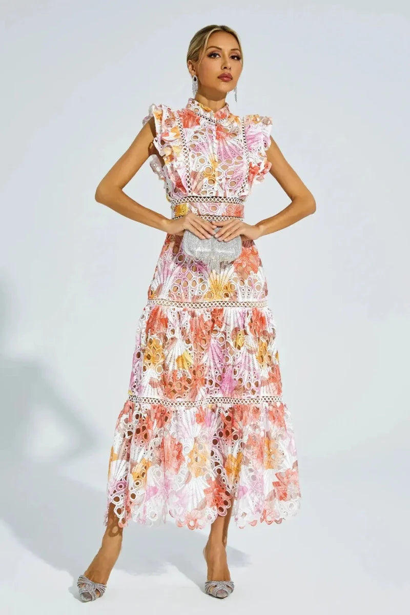 Lace Midi Dress with Gradient and Stand-Up Collar