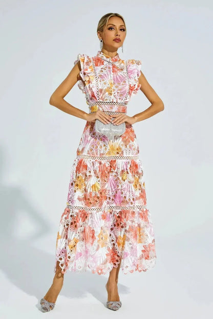 Lace Midi Dress with Gradient and Stand-Up Collar