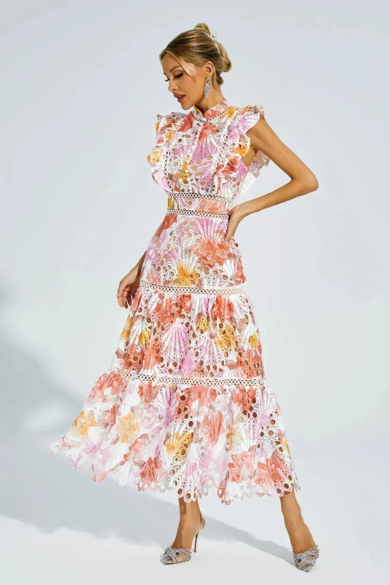 Lace Midi Dress with Gradient and Stand-Up Collar