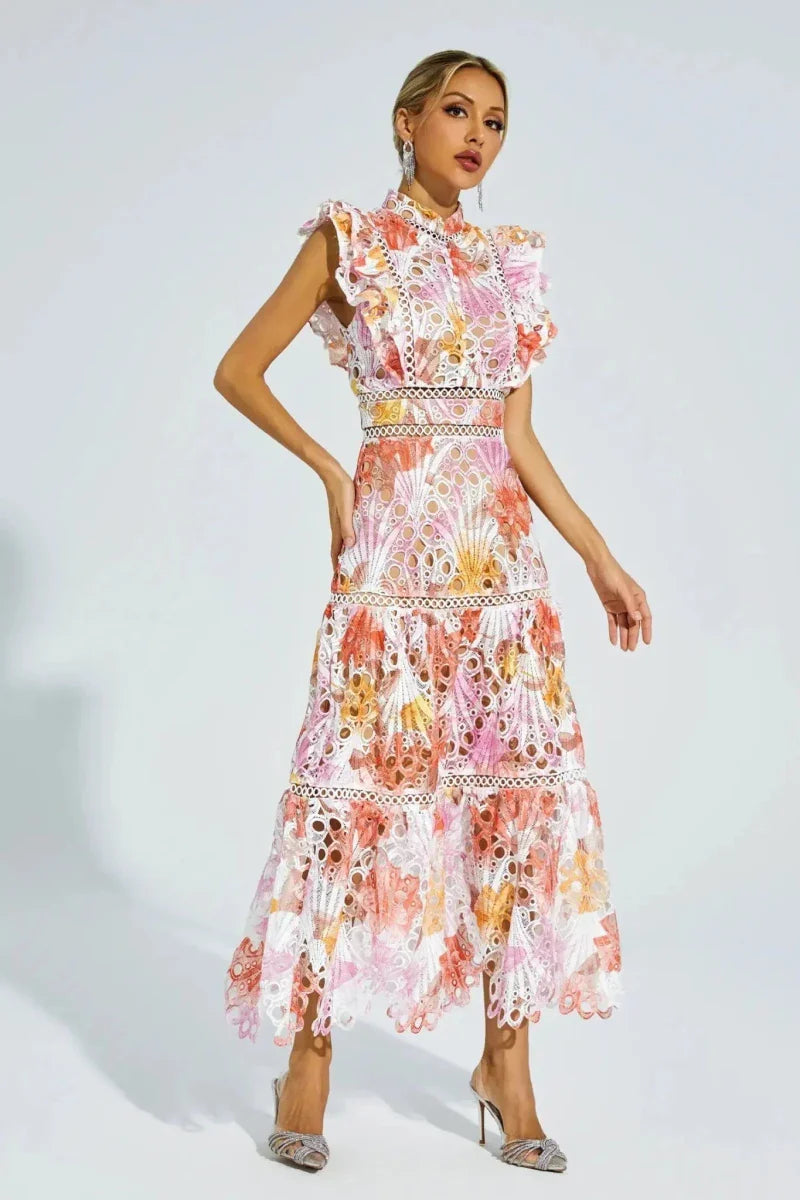Lace Midi Dress with Gradient and Stand-Up Collar