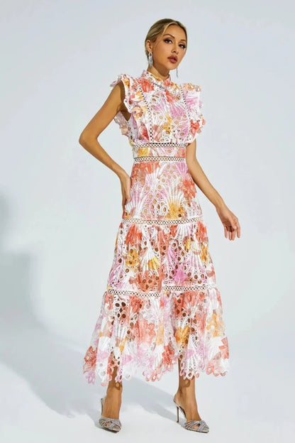 Lace Midi Dress with Gradient and Stand-Up Collar