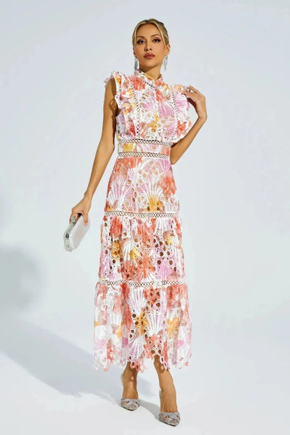 Lace Midi Dress with Gradient and Stand-Up Collar