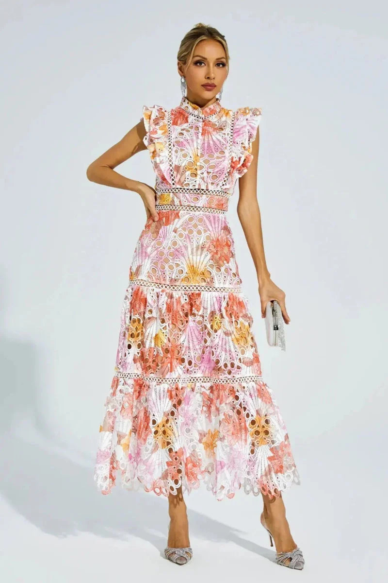 Lace Midi Dress with Gradient and Stand-Up Collar
