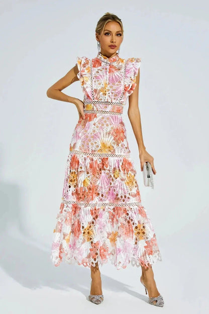 Lace Midi Dress with Gradient and Stand-Up Collar