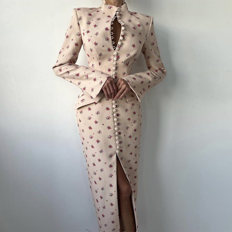 Floral Pattern Midi Dress with Half Stand Collar
