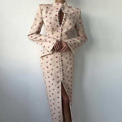 Floral Pattern Midi Dress with Half Stand Collar