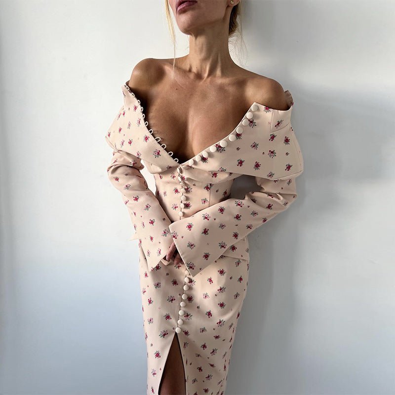 Floral Pattern Midi Dress with Half Stand Collar