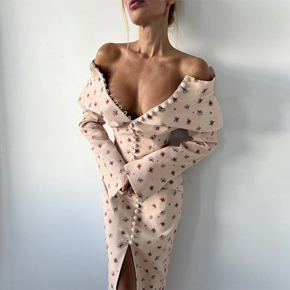 Floral Pattern Midi Dress with Half Stand Collar