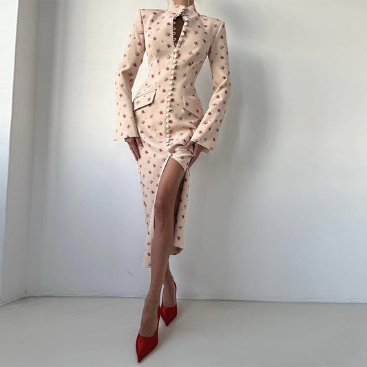 Floral Pattern Midi Dress with Half Stand Collar