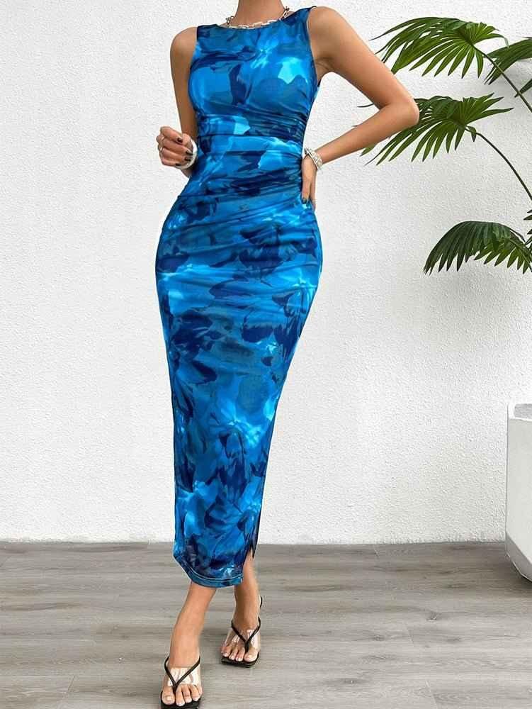 Figure-hugging midi dress with watercolor print and satin look
