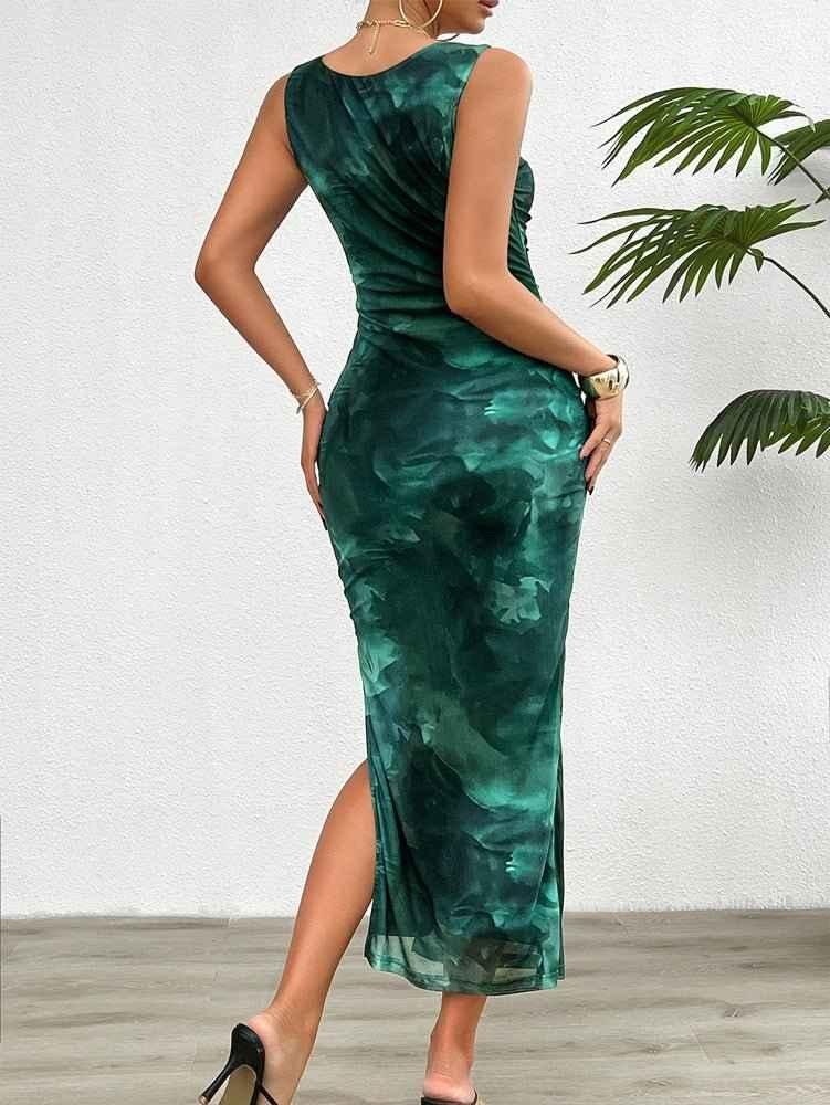 Figure-hugging midi dress with watercolor print and satin look