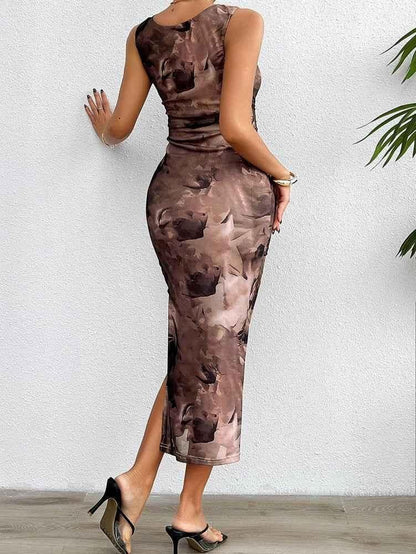 Figure-hugging midi dress with watercolor print and satin look