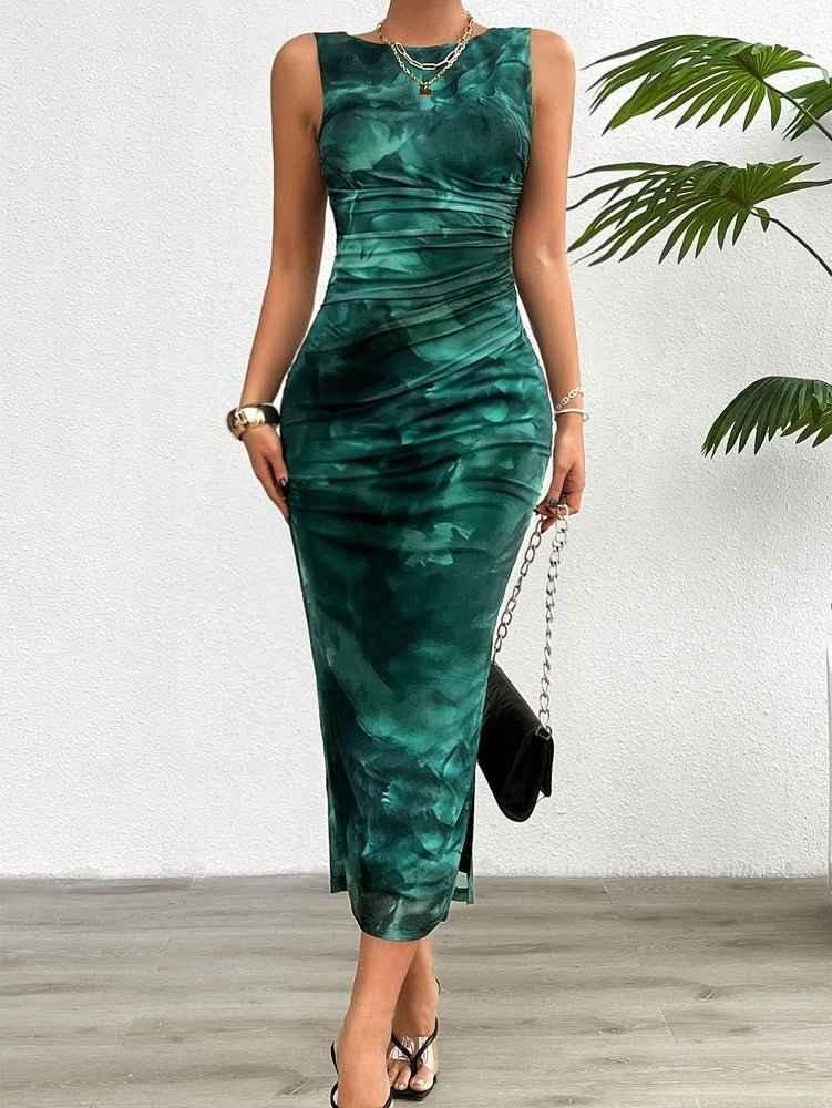 Figure-hugging midi dress with watercolor print and satin look