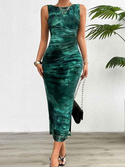 Figure-hugging midi dress with watercolor print and satin look