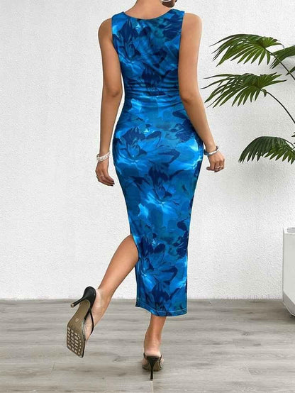 Figure-hugging midi dress with watercolor print and satin look