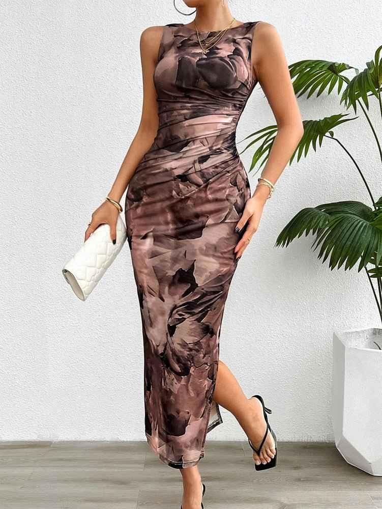 Figure-hugging midi dress with watercolor print and satin look