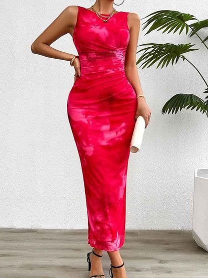 Figure-hugging midi dress with watercolor print and satin look