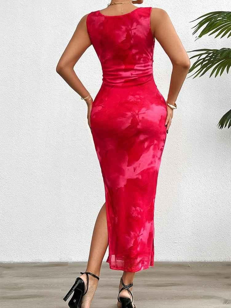 Figure-hugging midi dress with watercolor print and satin look