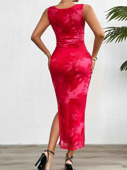 Figure-hugging midi dress with watercolor print and satin look