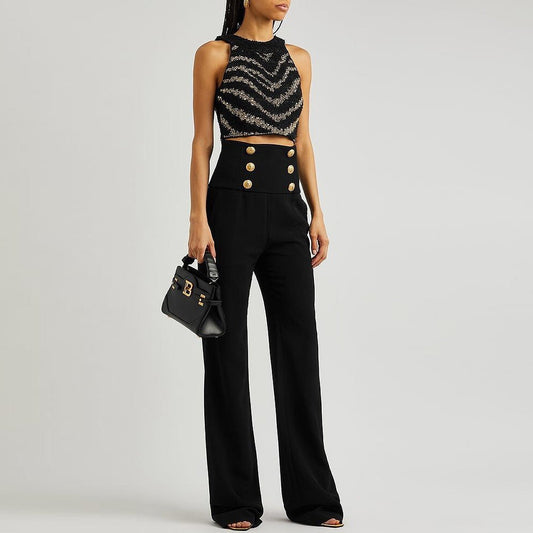 Pearl Cropped Top and High-Waist Trousers Set for Chic Style